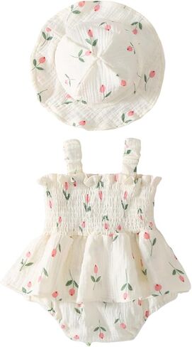Infant Baby Girl Summer Clothes Sleeveless Flower Smocked Romper Dress with Sun Hat Outfit in Kuwait