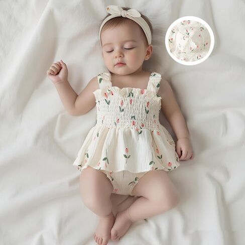 Infant Baby Girl Summer Clothes Sleeveless Flower Smocked Romper Dress with Sun Hat Outfit in Kuwait