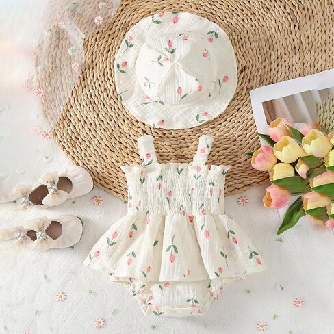 Infant Baby Girl Summer Clothes Sleeveless Flower Smocked Romper Dress with Sun Hat Outfit in Kuwait