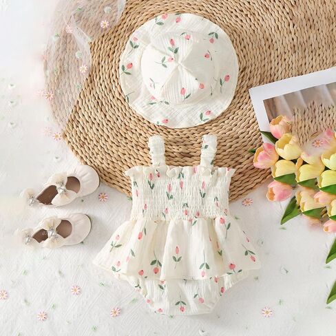 Infant Baby Girl Summer Clothes Sleeveless Flower Smocked Romper Dress with Sun Hat Outfit in Kuwait