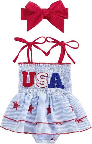FYBITBO Newborn Girl 4th Fourth Of July Outfit Sleeveless Bowknot Halter American Flag Dress Independence Day Clothes in Kuwait