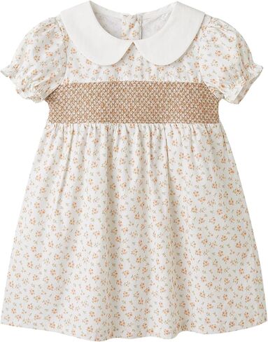 pureborn Baby Toddler Girl Dress Smocked Floral Summer Outfits 18M-5T | lightweight woven cotton, breathable, back zipper closure, puff short sleeve, peter pan collar, A-Line, allover floral print in Kuwait