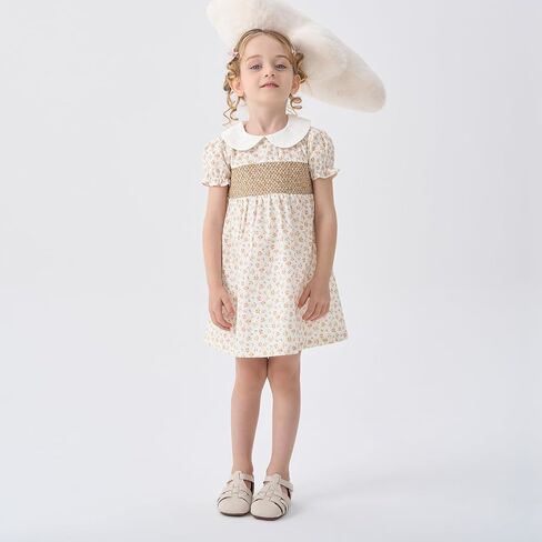 pureborn Baby Toddler Girl Dress Smocked Floral Summer Outfits 18M-5T | lightweight woven cotton, breathable, back zipper closure, puff short sleeve, peter pan collar, A-Line, allover floral print in Kuwait