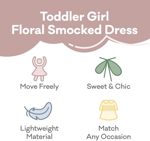 pureborn Baby Toddler Girl Dress Smocked Floral Summer Outfits 18M-5T | lightweight woven cotton, breathable, back zipper closure, puff short sleeve, peter pan collar, A-Line, allover floral print in Kuwait