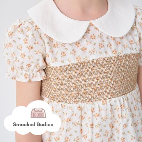 pureborn Baby Toddler Girl Dress Smocked Floral Summer Outfits 18M-5T | lightweight woven cotton, breathable, back zipper closure, puff short sleeve, peter pan collar, A-Line, allover floral print in Kuwait