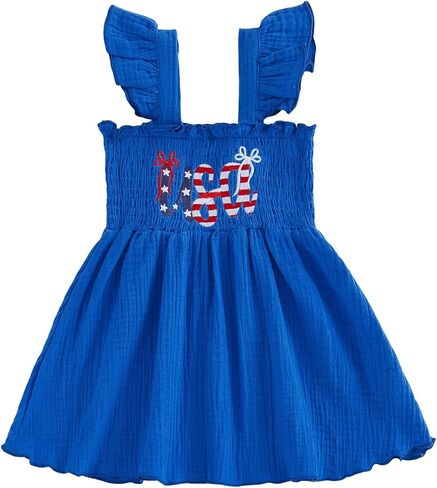 4th of July Toddler Girl Outfit USA Smocked Dress Sleeveless Ruffle Flowy Dresses Little Girls Patriotic Clothes in Kuwait