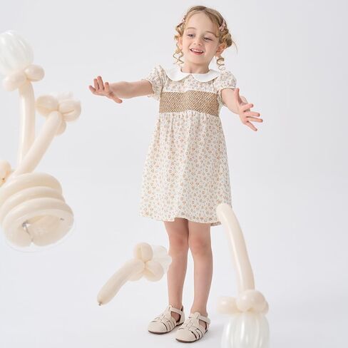 pureborn Baby Toddler Girl Dress Smocked Floral Summer Outfits 18M-5T | lightweight woven cotton, breathable, back zipper closure, puff short sleeve, peter pan collar, A-Line, allover floral print in Kuwait