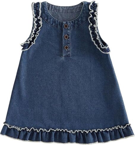 KMBANGI Toddler Baby Girl Denim Dress Sleeveless Ruffled Trim A-line Skirt Jeans Sundress Kids Western Cowgirl Clothes Summer in Kuwait