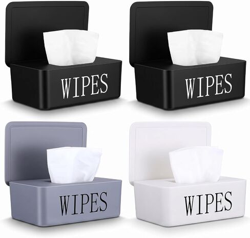 4 Pack Wipes Dispenser Container Holder Refillable Dustproof Storage Box with Lid for Bathroom Office Home, Black Gray White in Kuwait