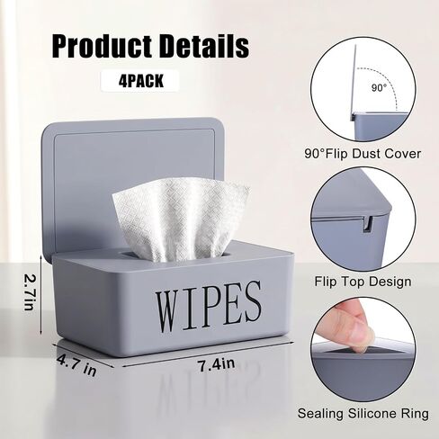 4 Pack Wipes Dispenser Container Holder Refillable Dustproof Storage Box with Lid for Bathroom Office Home, Black Gray White in Kuwait