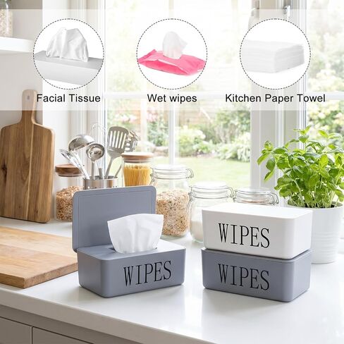 4 Pack Wipes Dispenser Container Holder Refillable Dustproof Storage Box with Lid for Bathroom Office Home, Black Gray White in Kuwait