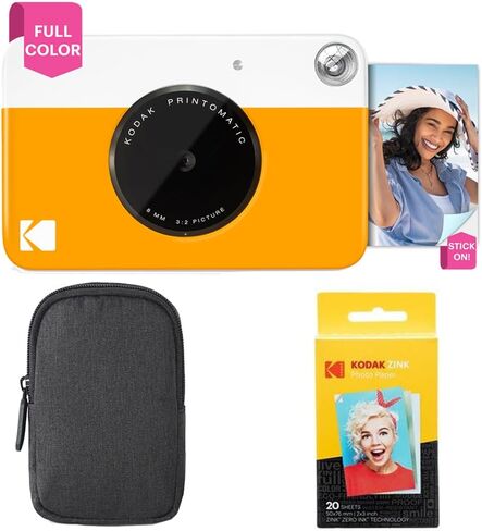 Kodak Printomatic Full-Color Instant Print Camera Starter Bundle + Carrying Case + Zink 20pk Photo Paper - Colorful Photos On 2x3 Sticky-Back Paper - Fun Gift for Birthday Christmas Holiday - Yellow in Kuwait