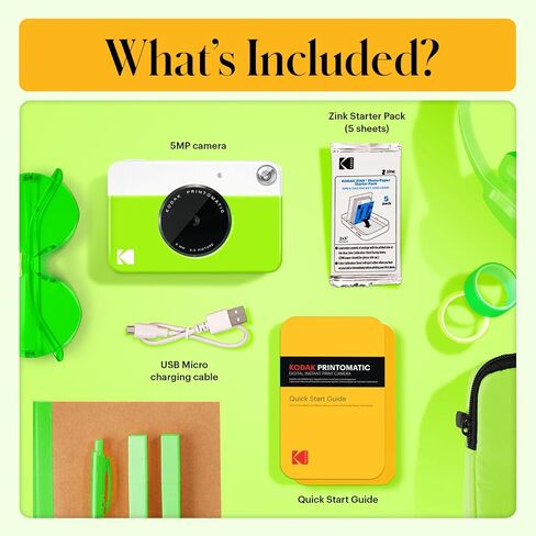 Kodak Printomatic Full-Color Instant Print Camera Starter Bundle + Carrying Case + Zink 20pk Photo Paper - Colorful Photos On 2x3 Sticky-Back Paper - Fun Gift for Birthday Christmas Holiday - Yellow in Kuwait