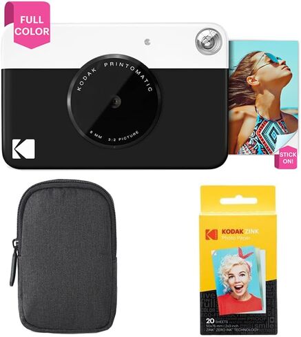 Kodak Printomatic Full-Color Instant Print Camera Starter Bundle + Carrying Case + Zink 20pk Photo Paper - Colorful Photos On 2x3 Sticky-Back Paper - Fun Gift for Birthday Christmas Holiday - Yellow in Kuwait