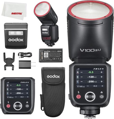Godox V100 C V100C 100Ws Round Head TTL Speedlite Flash for Canon Cameras | 2.4G X Wireless System, 1/80000s HSS, 330° Rotatable Head, Detachable SU-1 Sub Flash, Built-in LED Modeling Lamp in Kuwait