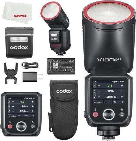Godox V100 C V100C 100Ws Round Head TTL Speedlite Flash for Canon Cameras | 2.4G X Wireless System, 1/80000s HSS, 330° Rotatable Head, Detachable SU-1 Sub Flash, Built-in LED Modeling Lamp in Saudi Arabia