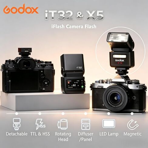 Godox iT32 TTL Camera Flash with X5S Trigger HSS GN18 for Sony | 2.4G Wireless, magnetic hotshoe & trigger 2-in-1, touch screen, LED modeling light, rotatable head, USB-C, 1.5s recycle in Kuwait