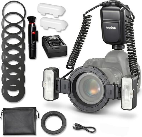 Godox MF-T76S TTL Macro Twin Flash for Sony, 76Ws Dual Flash Head/1.2s Fast Recycle/550 Full Power Flashes/Type-C Charger/1/1-1/256 Power/0°-150° Adjustable Heads/with Adapter Rings/Modeling Lamps in Kuwait