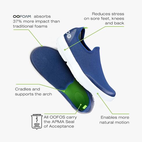OOFOS OOmg eeZee Low Shoe, White & Navy - Women’s Size 6 - Lightweight Recovery Footwear - Reduces Stress on Feet, Joints & Back - Machine Washable in Kuwait