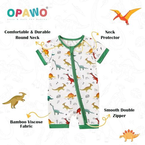 OPAWO Bamboo Sleepers for Baby Boy Pajamas Bamboo Pajamas Baby Romper 0-24M | 2 way zipper sleepers, short sleeve, baby summer pajamas, gentle on skin, silky soft, ultra breathable, stretchy, lightweight in Kuwait