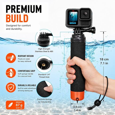 Waterproof Floating Hand Grip for GoPro DJI Action Camera Handle Mount | Quick release floating grip with DJI Osmo Actio 6/5/4/3 Gopro 13/12/11/10/9 Akaso Action Camera Accessories for Water Sports in Kuwait
