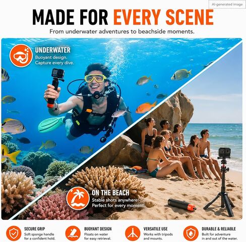 Waterproof Floating Hand Grip for GoPro DJI Action Camera Handle Mount | Quick release floating grip with DJI Osmo Actio 6/5/4/3 Gopro 13/12/11/10/9 Akaso Action Camera Accessories for Water Sports in Kuwait