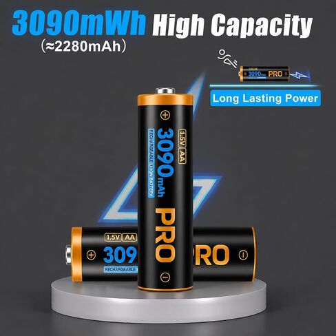 Rechargeable AA Batteries Lithium with Charger, 8-Pack 1.5V 3090mWh Long Lasting Double A Batteries with LCD Display, Cycle Times Up to 2500 – Fast Charging for Blink Outdoor Cameras & Toys in Kuwait