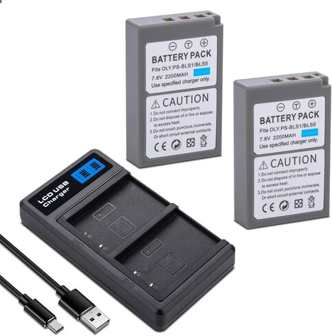 2-Pack BLS-5 Battery with Dual Charger for Olympus BLS-50,PS-BLS1, PS-BLS5 | OM-D E-M10, E-PM2, Pen E-P1, E-P2, E-P3, E-PL2, E-PL3, E-420, E-450, E-600, E-620, Mark II, III, IIIs, IV, Stylus 1 cameras in Kuwait