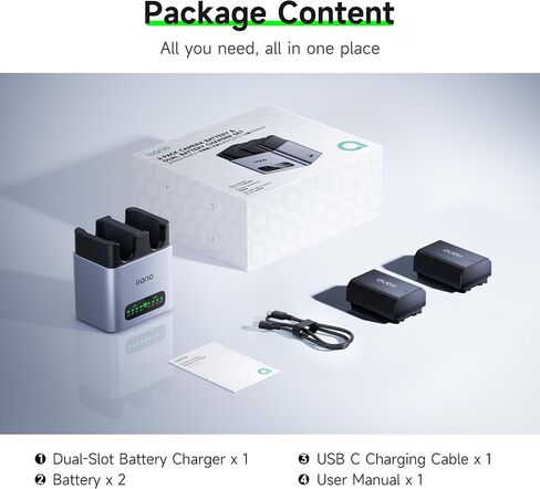 llano NP-FZ100 Battery 2400mAH 2-Pack & 20W Fast Charger Set | for Sony Camera A7III A7IV A6700 FX3 FX30 A9 A7C A7CII A7RV A7RIII A6600 ZV-E1 ZV-E10II A1 FX2, USB-C,LED, CNC Aluminum in Kuwait