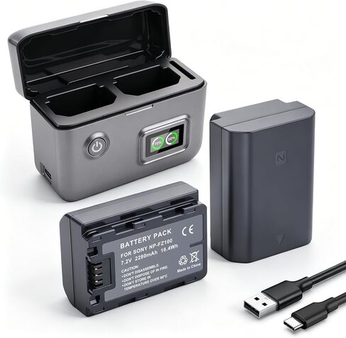 NP-FZ100 Battery, Dual-Slot LCD Display Charger for Sony A7iii, A7iv, A7C | A7R III, A7R IV, A7RV, A7S III, A7 III, A7 IV, A6600, A7C, A7C II, A6700, FX3, FX30, ZV-E10ii, Alpha 9,9S, A7R3 in Kuwait