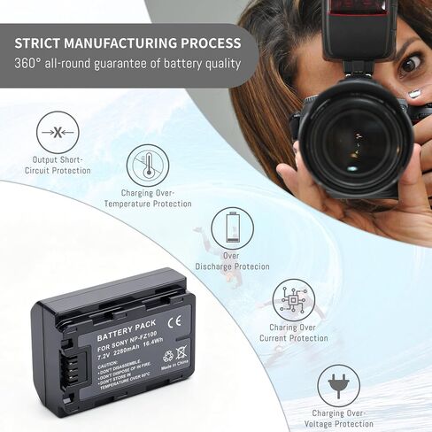 NP-FZ100 Battery, Dual-Slot LCD Display Charger for Sony A7iii, A7iv, A7C | A7R III, A7R IV, A7RV, A7S III, A7 III, A7 IV, A6600, A7C, A7C II, A6700, FX3, FX30, ZV-E10ii, Alpha 9,9S, A7R3 in Kuwait