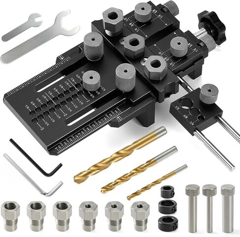 Woodworking Dowel Jig Kit, Precision Drill Guide with 1/4 3/8 1/2 Inch Bushings & Drill Bits, Adjustable Doweling Jig for Straight Holes, Quick Clamp System for Furniture Cabinet DIY Wood Joints in Kuwait