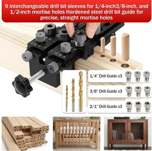 Woodworking Dowel Jig Kit, Precision Drill Guide with 1/4 3/8 1/2 Inch Bushings & Drill Bits, Adjustable Doweling Jig for Straight Holes, Quick Clamp System for Furniture Cabinet DIY Wood Joints in Kuwait