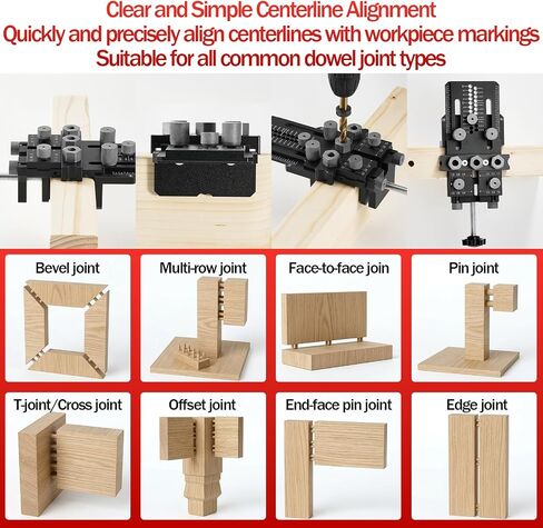 Woodworking Dowel Jig Kit, Precision Drill Guide with 1/4 3/8 1/2 Inch Bushings & Drill Bits, Adjustable Doweling Jig for Straight Holes, Quick Clamp System for Furniture Cabinet DIY Wood Joints in Kuwait