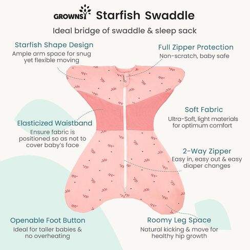 GROWNSY Swaddle Sleep Sack 3-6 Months, Starfish Design Baby Swaddle Sack, Dual-Zipper for Easy Diaper Changes, Proper Hip Development & Openable Foot Button, 12-20lbs, Pink in Kuwait