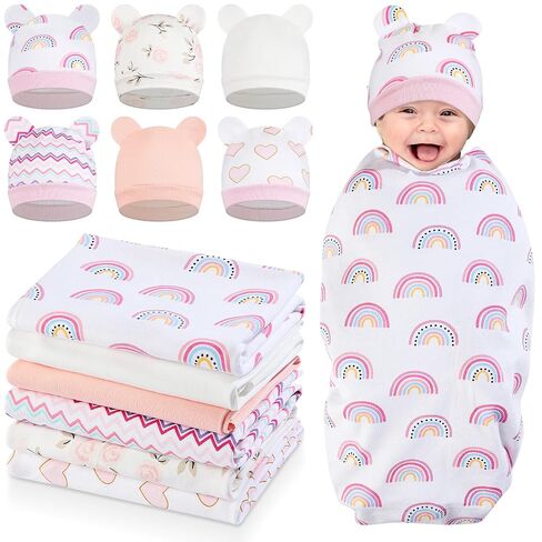 Ramede 6 Set Baby Swaddle Blanket and Hat, 100% Cotton Newborn Receiving Blanket Wrap with Headband, 31.5" Soft, Breathable for Girl Boy Nursery Sleep Cradle Sheet Breastfeed Cover(Simple,Multicolor) in Kuwait