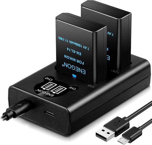 ENEGON EN-EL14 Battery 2-Pack 1500mAh and LED Display USB-C Dual Charger Compatible with Nikon D3100 D3200 D3300 D3400 D3500 D5100 D5200 D5300 D5500 D5600 in Kuwait