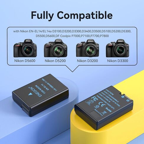ENEGON EN-EL14 Battery 2-Pack 1500mAh and LED Display USB-C Dual Charger Compatible with Nikon D3100 D3200 D3300 D3400 D3500 D5100 D5200 D5300 D5500 D5600 in Kuwait