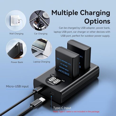 ENEGON EN-EL14 Battery 2-Pack 1500mAh and LED Display USB-C Dual Charger Compatible with Nikon D3100 D3200 D3300 D3400 D3500 D5100 D5200 D5300 D5500 D5600 in Kuwait
