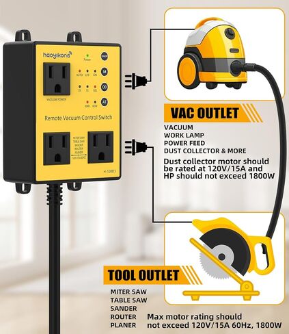 Automatic Vacuum Switch with Remote, 3/7/10s Delay Auto Vacuum Switch for Various Power Tools, Dust Collector On/Off Delay to Prevent Circuit Overload and Tripping, Keep Your Workplace Clean in Kuwait