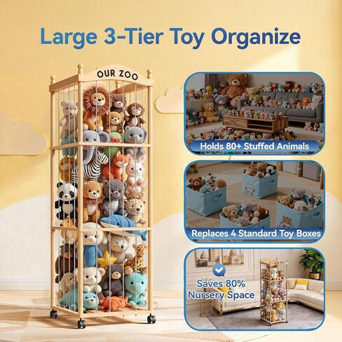 Stuffed Animal Storage Zoo Tower, Large Capacity Wooden Stuffed Animal Holder with Wheels, Space-Saving Toy Storage Organizer, Stuffy Plushies Storage for Nursery, Playroom & Bedroom in Saudi Arabia