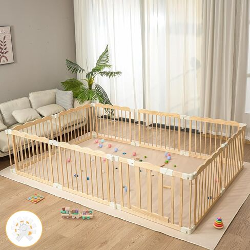 Wooden Baby Playpen 69x103 Inch Foldable Toddler Fence with Safety Lock | HUTOCADA Extra Large Natural Wood Foldable Baby Playpen for Babies and Toddlers 10 Panels in Kuwait