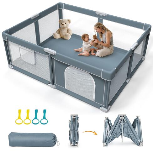 Foldable Baby Playpen - 71"×59" Collapsible Playpen for Babies and Toddlers | Portable Travel Play Yard ,Indoor&Outdoor Use, Easy install, Carry Bag Included,Safety&Sturdy with Mesh View Folding Playpen in Saudi Arabia
