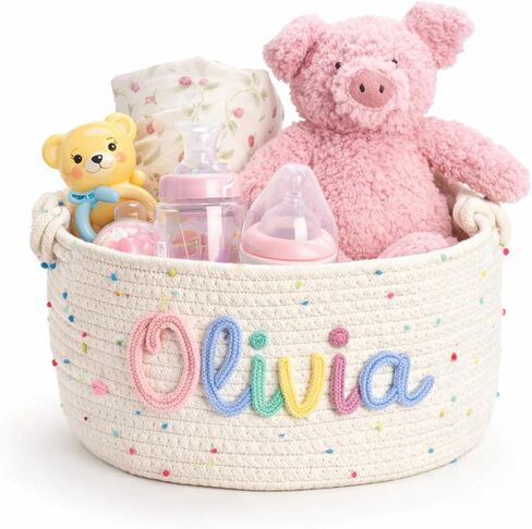 MBBEST Personalized Baby Basket with Name, Cotton Rope Nursery Storage Basket, Custom Baby Shower Basket, Small Diaper Caddy Organizer for Boys & Girls，Cute Girl & Boy Baby Gifts in Kuwait