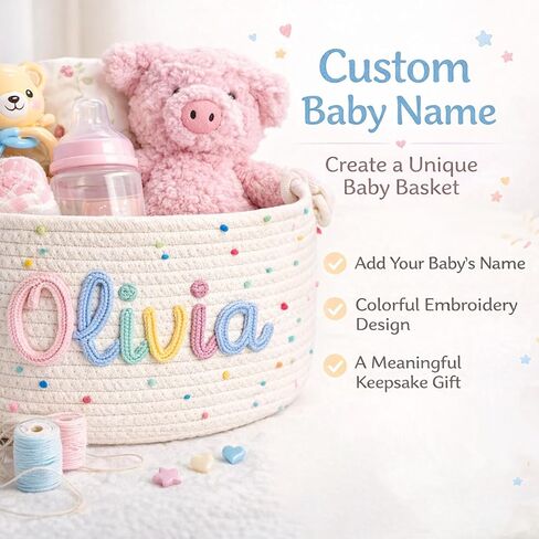 MBBEST Personalized Baby Basket with Name, Cotton Rope Nursery Storage Basket, Custom Baby Shower Basket, Small Diaper Caddy Organizer for Boys & Girls，Cute Girl & Boy Baby Gifts in Kuwait
