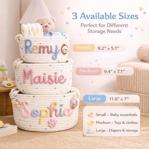 MBBEST Personalized Baby Basket with Name, Cotton Rope Nursery Storage Basket, Custom Baby Shower Basket, Small Diaper Caddy Organizer for Boys & Girls，Cute Girl & Boy Baby Gifts in Kuwait