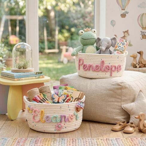 MBBEST Personalized Baby Basket with Name, Cotton Rope Nursery Storage Basket, Custom Baby Shower Basket, Small Diaper Caddy Organizer for Boys & Girls，Cute Girl & Boy Baby Gifts in Kuwait