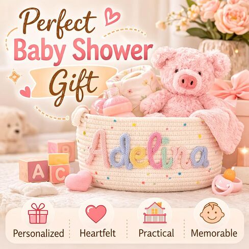 MBBEST Personalized Baby Basket with Name, Cotton Rope Nursery Storage Basket, Custom Baby Shower Basket, Small Diaper Caddy Organizer for Boys & Girls，Cute Girl & Boy Baby Gifts in Kuwait