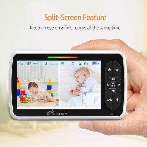 iFamily 5"Split Screen Baby Monitor with 2 Cameras and Audio n Night Vision | Large Display Video Baby Monitor, Long Range, Remote pan tilt, Temperature, 2 Way Talk,Feeding Clock, lullabies in Kuwait