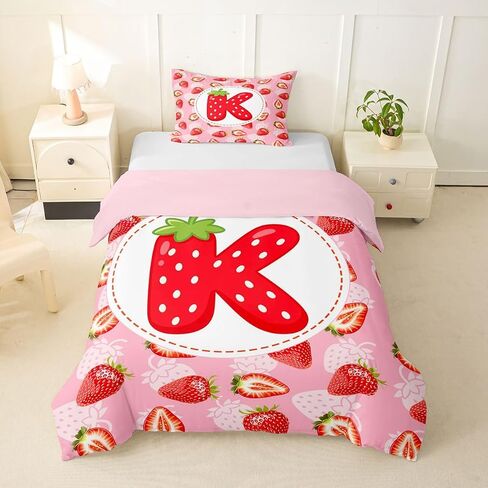 Erosebridal Custom Strawberry Duvet Cover Personalized Initial K Toddler Bedding Set,Princess Pink Kawaii Bed Cover (No Comforter) in Kuwait